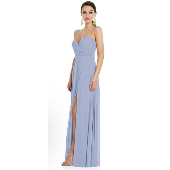 NWT! Lovely LB036 Sky Blue Chiffon Wrap Bodice Maxi Dress Front Slit Sz 2 - Picture 3 of 8